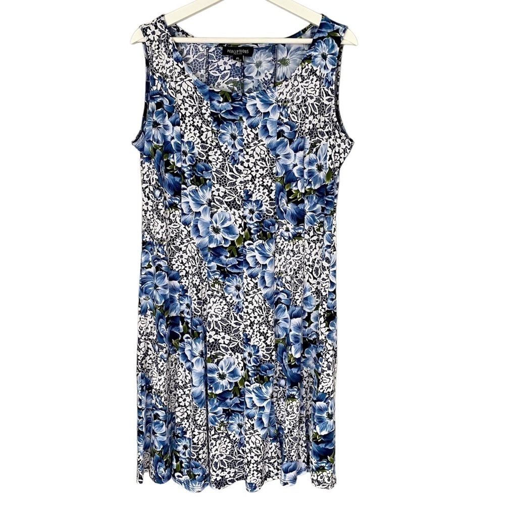 PERCEPTIONS Petite Dress Sleeveless Puff Print Lace Floral Blue White Wo… - Picture 2 of 14